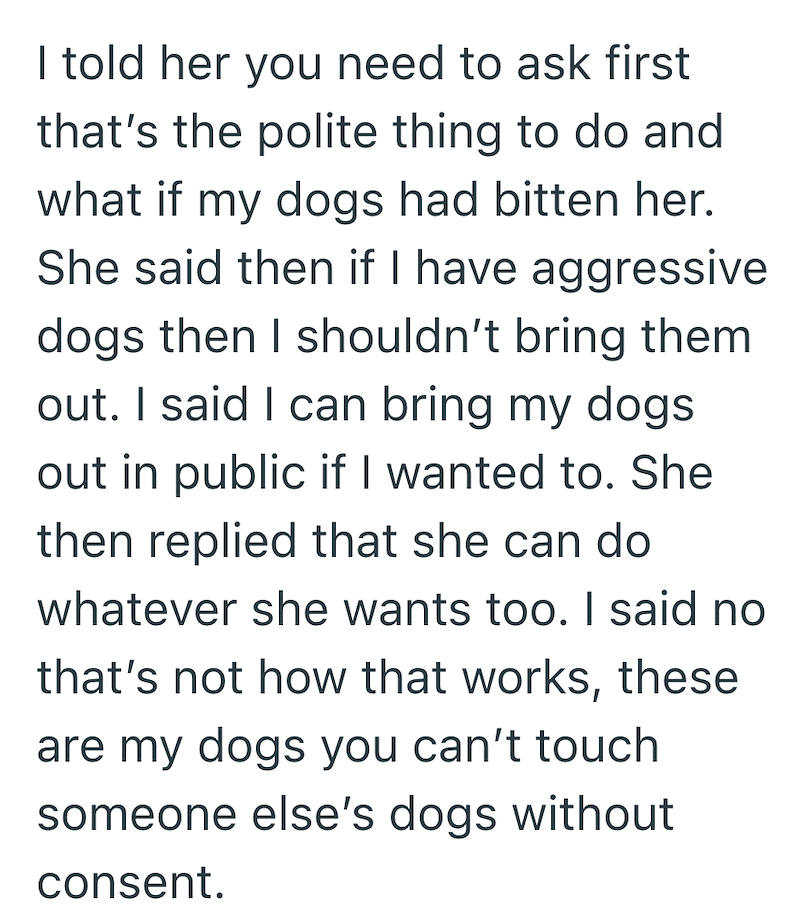 I told her you need to ask first that's the polite thing to do and what if my dogs had bitten her. She said then if I have aggressive dogs then I shouldn't bring them out. I said I can bring my dogs out in public if I wanted to. She then replied that she can do whatever she wants too. I said no that's not how that works, these are my dogs you can't touch someone else's dogs without consent.