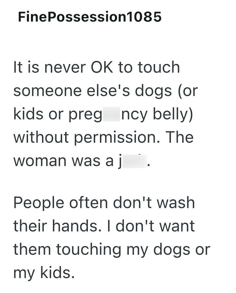 FinePossession1085 It is never OK to touch someone else's dogs (or kids or preg Incy belly) without permission. The woman was aj People often don't wash their hands. I don't want them touching my dogs or my kids.