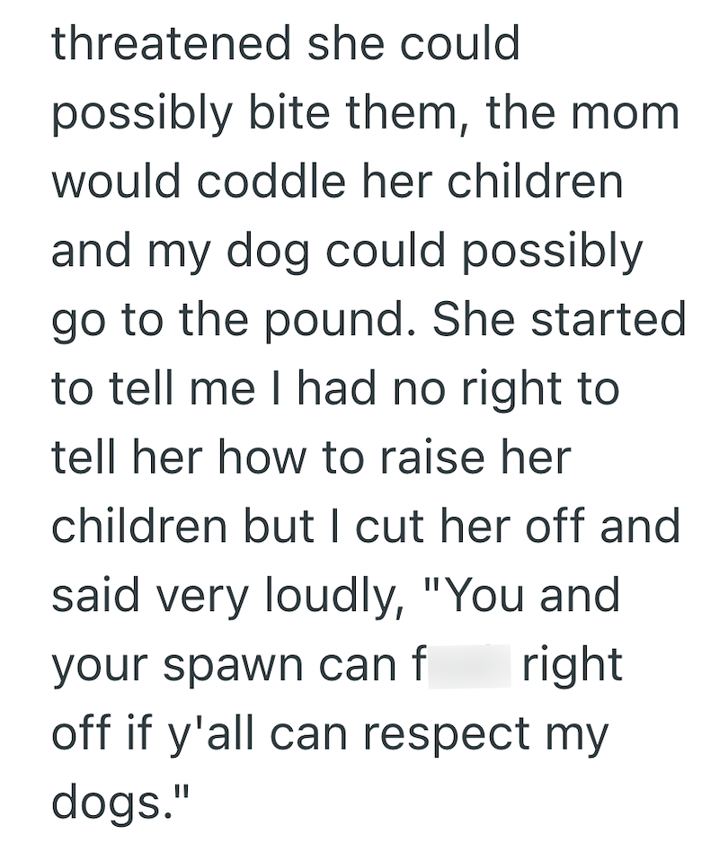 threatened she could possibly bite them, the mom would coddle her children and my dog could possibly go to the pound. She started to tell me I had no right to tell her how to raise her children but I cut her off and said very loudly, "You and your spawn can f right off if y'all can respect my dogs."