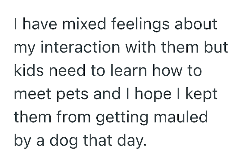 I have mixed feelings about my interaction with them but kids need to learn how to meet pets and I hope I kept them from getting mauled by a dog that day.