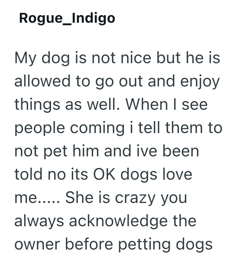 Rogue_Indigo My dog is not nice but he is allowed to go out and enjoy things as well. When I see people coming i tell them to not pet him and ive been told no its OK dogs love me..... She is crazy you always acknowledge the owner before petting dogs.