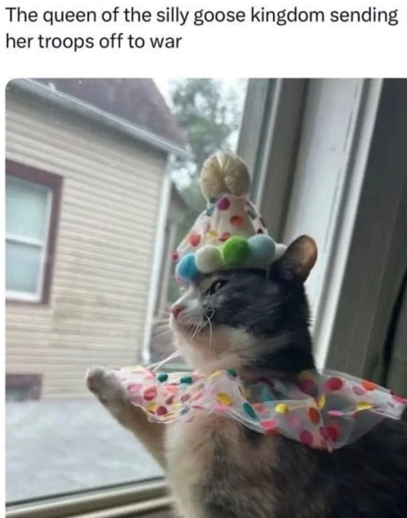 The queen of the silly goose kingdom sending her troops off to war