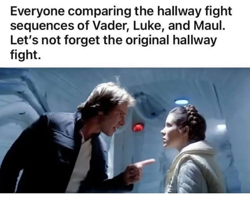 Everyone comparing the hallway fight sequences of Vader, Luke, and Maul. Let's not forget the original hallway fight.
