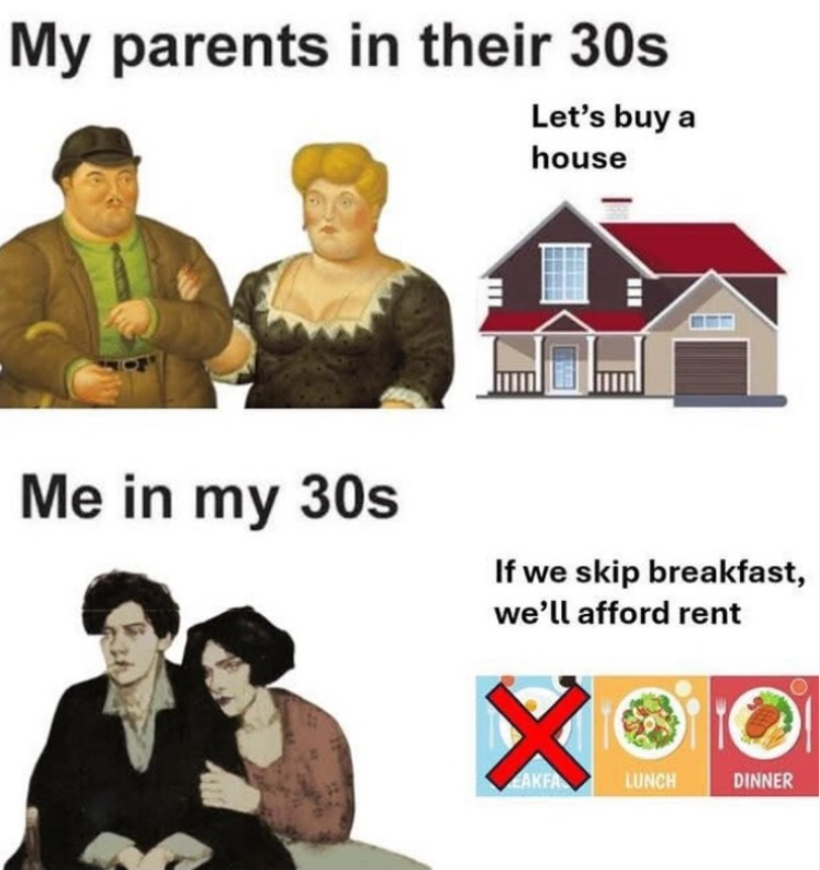 My parents in their 30s Let's buy a house Me in my 30s If we skip breakfast, we'll afford rent ☑ EAKFA LUNCH DINNER