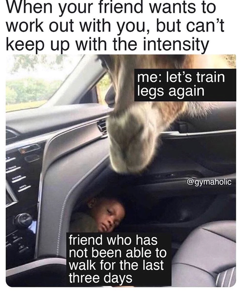 When your friend wants to work out with you, but can't keep up with the intensity me: let's train legs again friend who has not been able to walk for the last three days @gymaholic