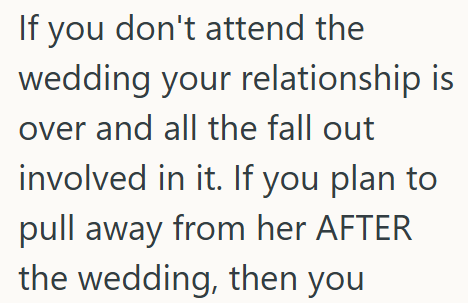 If you don't attend the wedding your relationship is over and all the fall out involved in it. If you plan to pull away from her AFTER the wedding, then you
