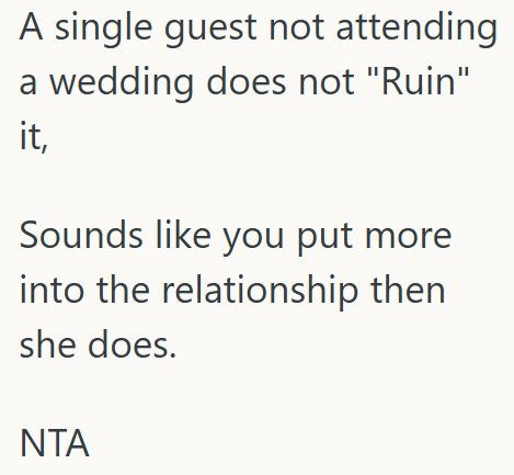 A single guest not attending a wedding does not "Ruin" it, Sounds like you put more into the relationship then she does. ΝΤΑ