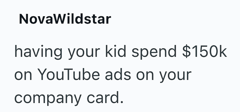 Nova Wildstar having your kid spend $150k on YouTube ads on your company card.