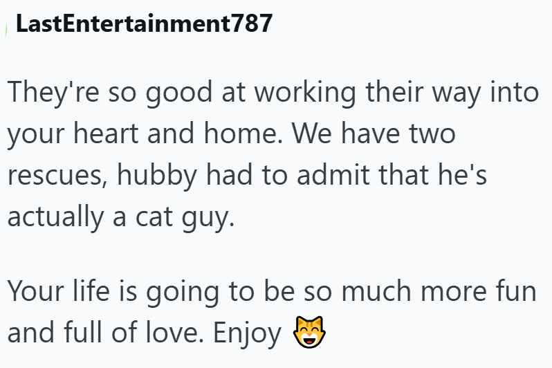 LastEntertainment787 They're so good at working their way into your heart and home. We have two rescues, hubby had to admit that he's actually a cat guy. Your life is going to be so much more fun and full of love. Enjoy