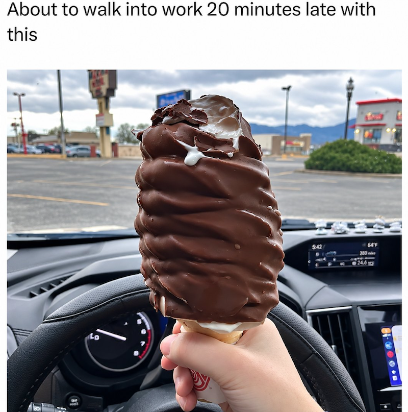 About to walk into work 20 minutes late with this Lo B 5:42 64°F 280 miles 24.6