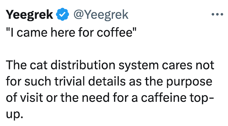 Yeegrek ❤ @Yeegrek "I came here for coffee" The cat distribution system cares not for such trivial details as the purpose of visit or the need for a caffeine top- up.