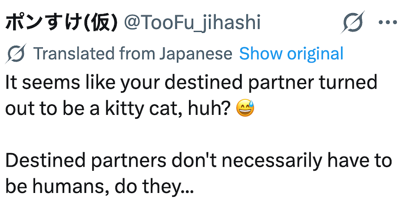 ポンすけ (仮) @TooFu_jihashi Translated from Japanese Show original It seems like your destined partner turned out to be a kitty cat, huh? Destined partners don't necessarily have to be humans, do they...
