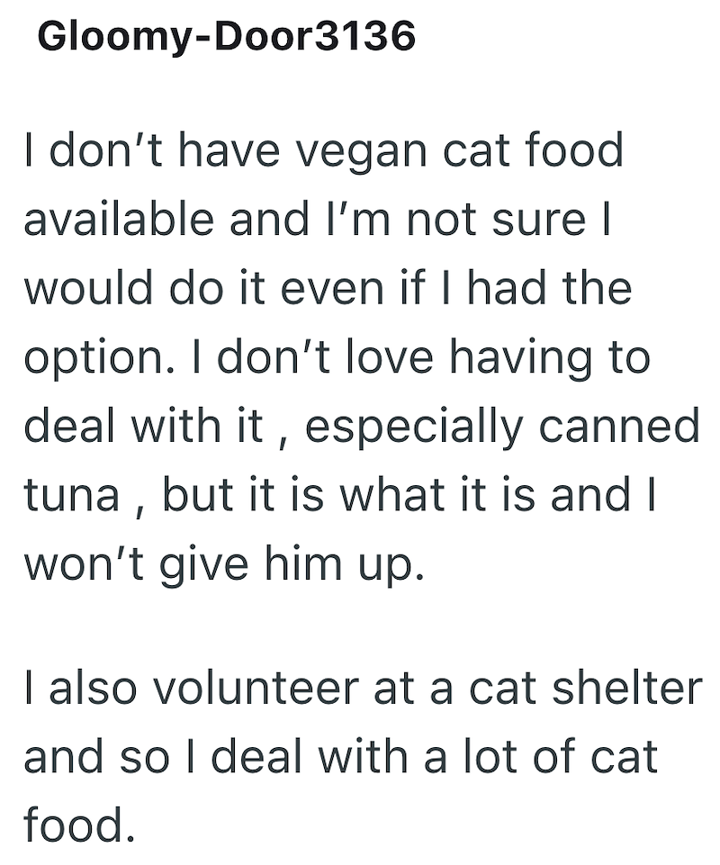 Gloomy-Door3136 I don't have vegan cat food available and I'm not sure I would do it even if I had the option. I don't love having to deal with it, especially canned tuna, but it is what it is and I won't give him up. I also volunteer at a cat shelter and so I deal with a lot of cat food.
