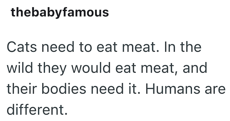 thebabyfamous Cats need to eat meat. In the wild they would eat meat, and their bodies need it. Humans are different.