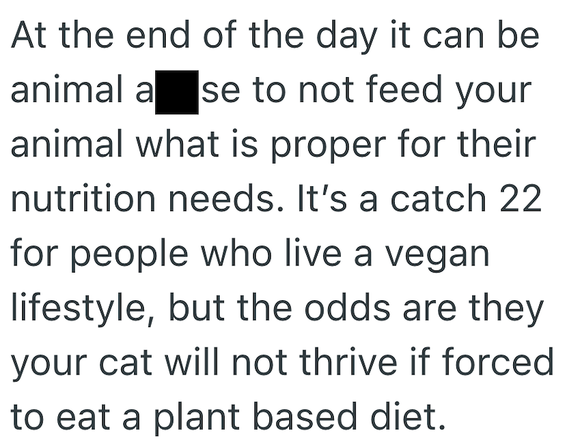 At the end of the day it can be animal a se to not feed your animal what is proper for their nutrition needs. It's a catch 22 for people who live a vegan lifestyle, but the odds are they your cat will not thrive if forced to eat a plant based diet.