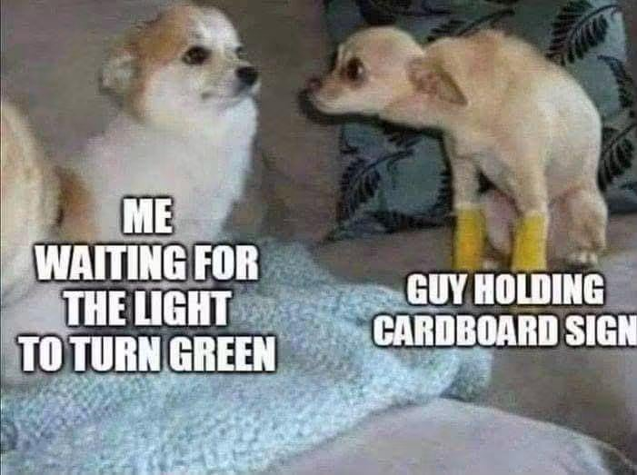 ME WAITING FOR THE LIGHT TO TURN GREEN GUY HOLDING CARDBOARD SIGN
