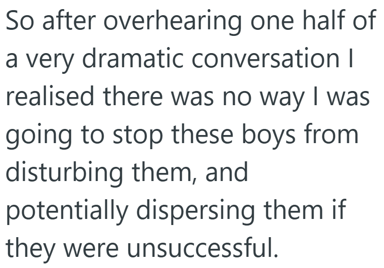 So after overhearing one half of a very dramatic conversation I realised there was no way I was going to stop these boys from disturbing them, and potentially dispersing them if they were unsuccessful.
