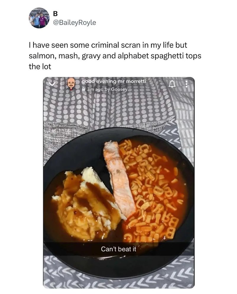B @BaileyRoyle I have seen some criminal scran in my life but salmon, mash, gravy and alphabet spaghetti tops the lot good evening mr morretti 3m ago by Goosey Can't beat it