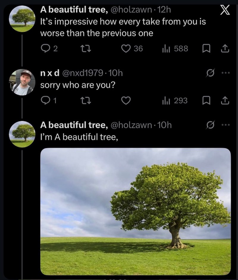 A beautiful tree, @holzawn 12h It's impressive how every take from you is worse than the previous one X 2 36 588 ↑ nxd @nxd1979.10h 0 600 sorry who are you? Q1 ılıl 293 A beautiful tree, @holzawn. 10h I'm A beautiful tree, Q 600