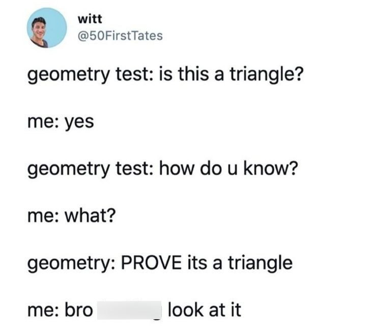 witt @50FirstTates geometry test: is this a triangle? me: yes geometry test: how do u know? me: what? geometry: PROVE its a triangle me: bro look at it
