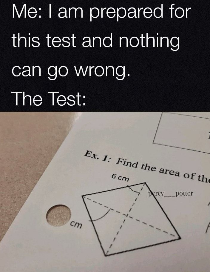 Me: I am prepared for this test and nothing can go wrong. The Test: Ex. 1: Find the area of the 6 cm Percy potter cm