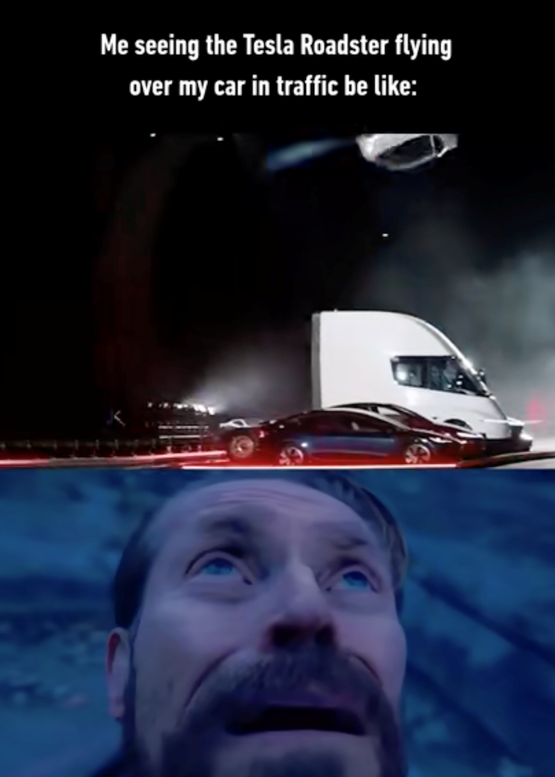 Me seeing the Tesla Roadster flying over my car in traffic be like: