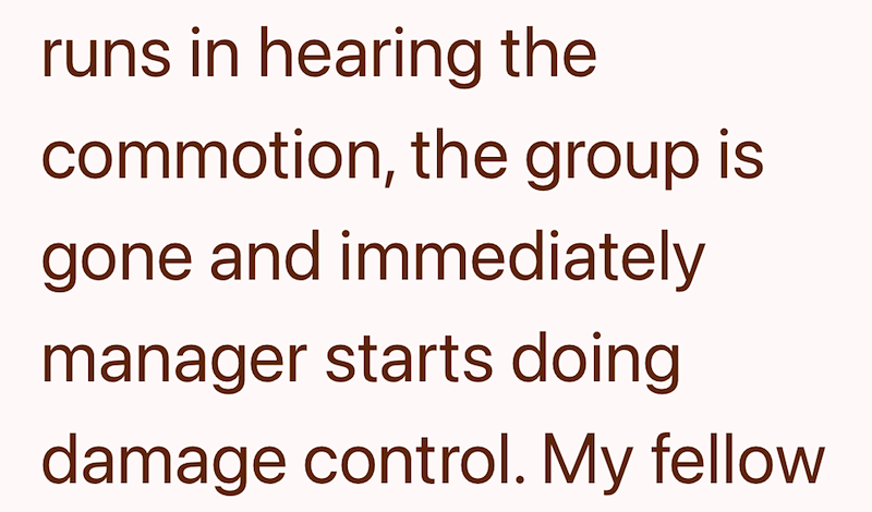 runs in hearing the commotion, the group is gone and immediately manager starts doing damage control. My fellow