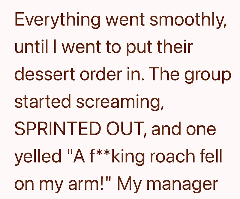 Everything went smoothly, until I went to put their dessert order in. The group started screaming, SPRINTED OUT, and one yelled "A f**king roach fell on my arm!" My manager