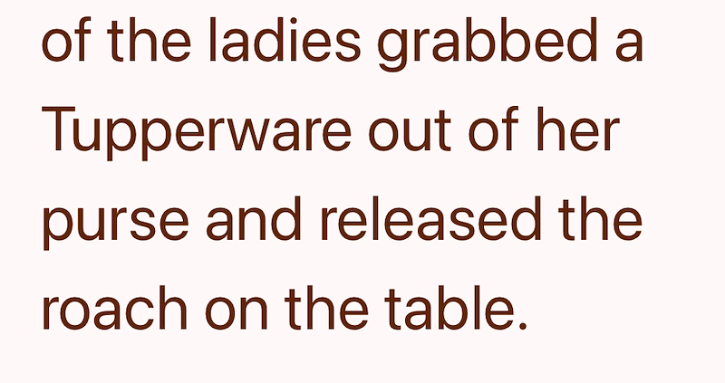 of the ladies grabbed a Tupperware out of her purse and released the roach on the table.