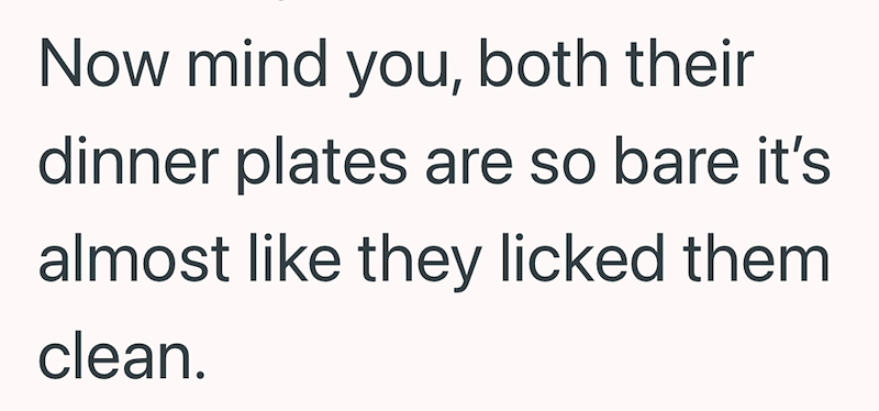 Now mind you, both their dinner plates are so bare it's almost like they licked them clean.