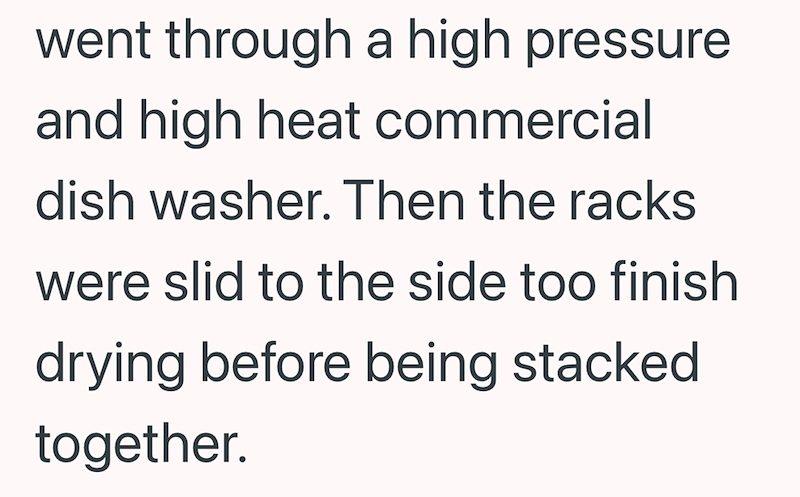 went through a high pressure and high heat commercial dish washer. Then the racks were slid to the side too finish drying before being stacked together.