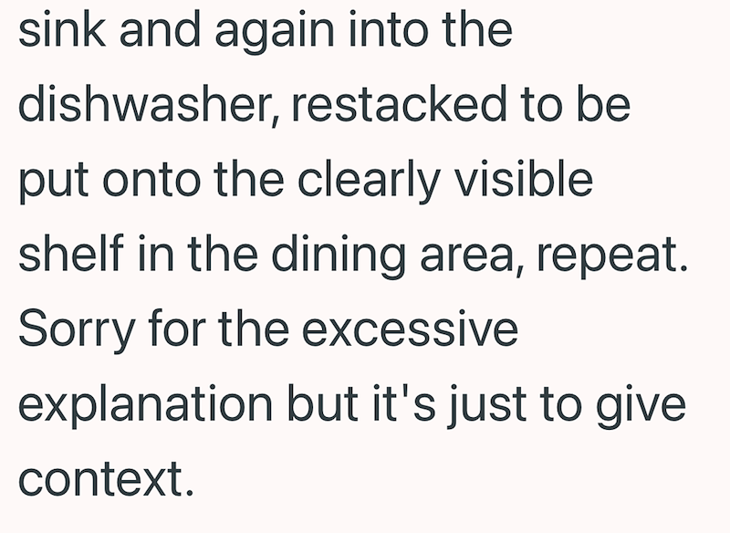 sink and again into the dishwasher, restacked to be put onto the clearly visible shelf in the dining area, repeat. Sorry for the excessive explanation but it's just to give context.