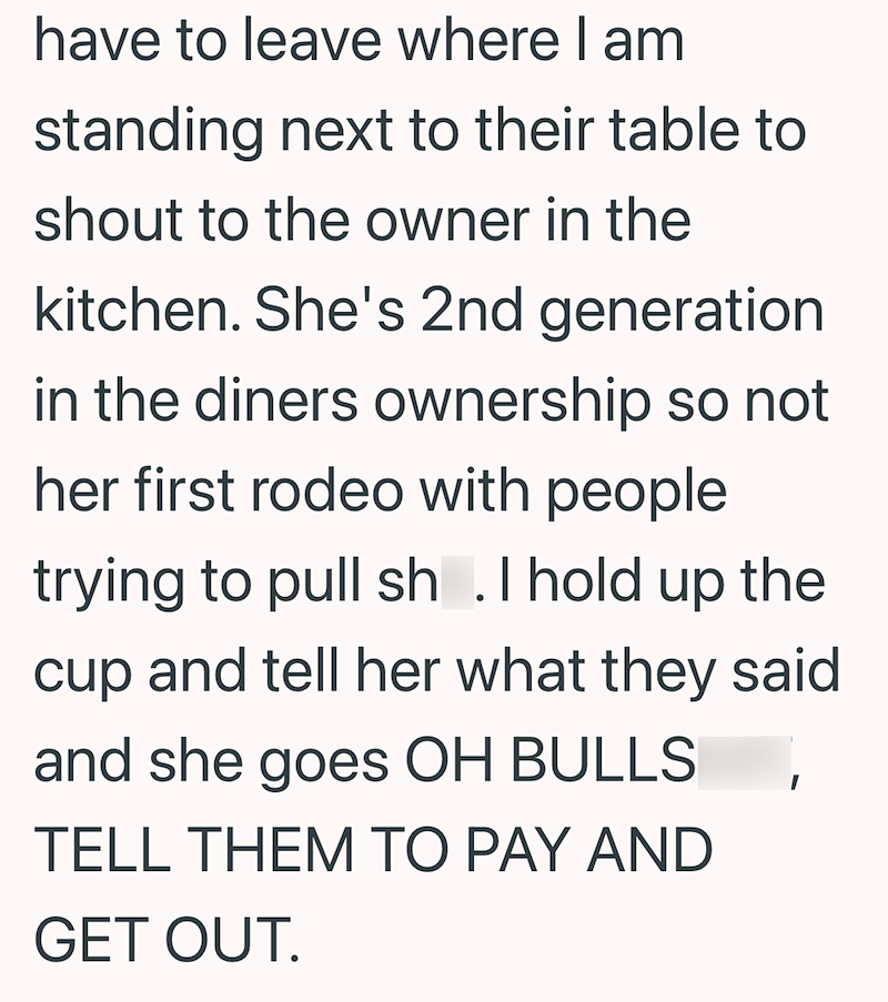 have to leave where I am standing next to their table to shout to the owner in the kitchen. She's 2nd generation in the diners ownership so not her first rodeo with people. trying to pull sh. I hold up the cup and tell her what they said and she goes OH BULLS TELL THEM TO PAY AND GET OUT.