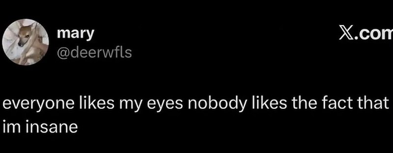 mary @deerwfls X.com everyone likes my eyes nobody likes the fact that im insane