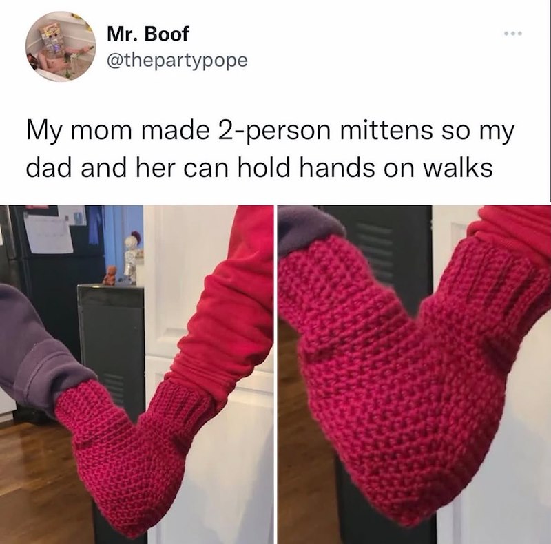 Mr. Boof @thepartypope My mom made 2-person mittens so my dad and her can hold hands on walks.