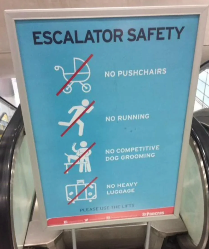 ESCALATOR SAFETY NO PUSHCHAIRS NO RUNNING NO COMPETITIVE DOG GROOMING NO HEAVY LUGGAGE PLEASE USE THE LIFTS SIPancras