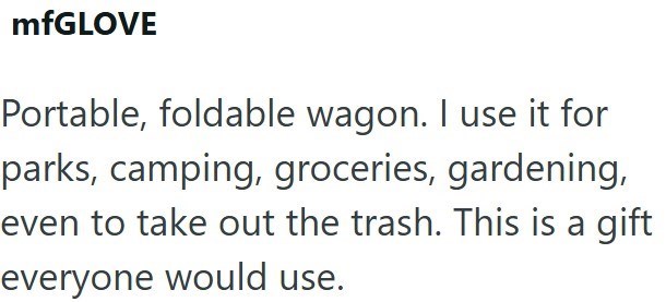 MfGLOVE Portable, foldable wagon. I use it for parks, camping, groceries, gardening, even to take out the trash. This is a gift everyone would use.