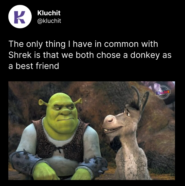 K Kluchit @kluchit The only thing I have in common with Shrek is that we both chose a donkey as a best friend Kluchit