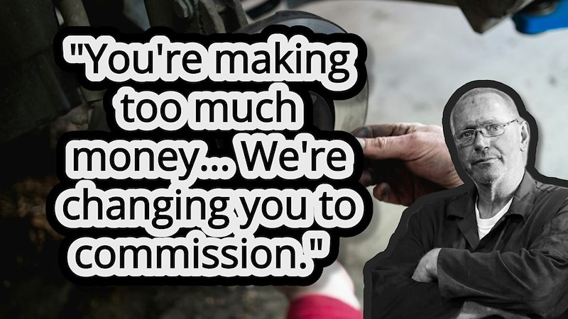 The boss stands with his arms crossed next to an overlay of what he supposedly said to the employee about changing his payment structure from a fair hourly rate to a new, unfair commission structure.