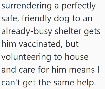 surrendering a perfectly safe, friendly dog to an already-busy shelter gets him vaccinated, but volunteering to house and care for him means I can't get the same help.