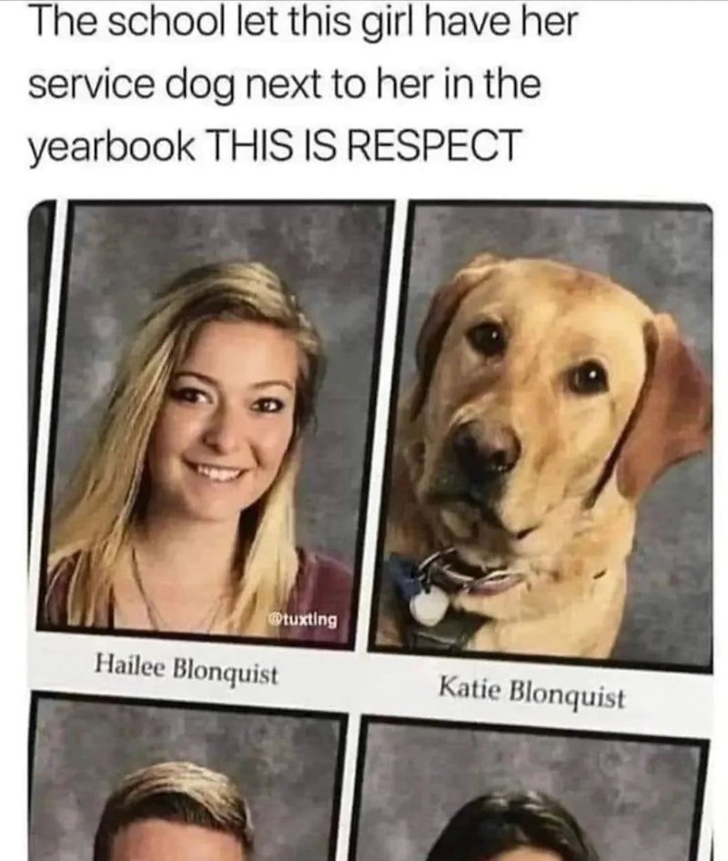 The school let this girl have her service dog next to her in the yearbook THIS IS RESPECT Hailee Blonquist tuxting Katie Blonquist