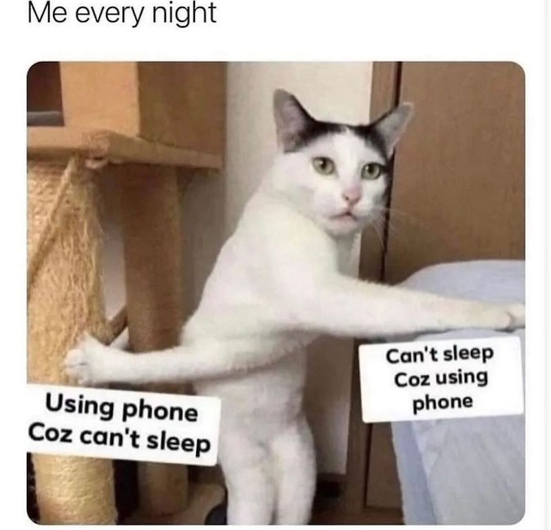Me every night Using phone Coz can't sleep Can't sleep Coz using phone