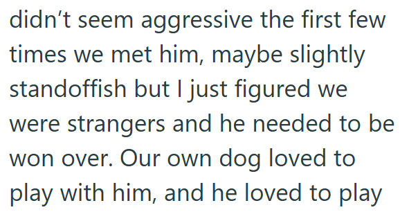 didn't seem aggressive the first few times we met him, maybe slightly standoffish but I just figured we were strangers and he needed to be won over. Our own dog loved to play with him, and he loved to play