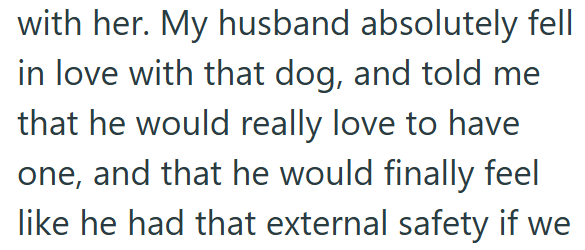 with her. My husband absolutely fell in love with that dog, and told me that he would really love to have one, and that he would finally feel like he had that external safety if we