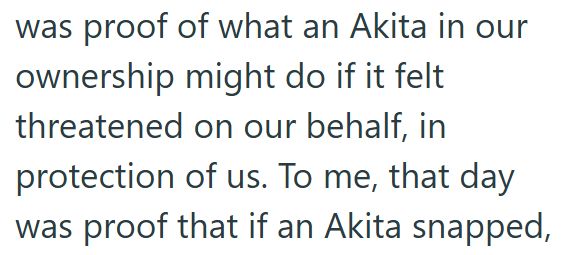 was proof of what an Akita in our ownership might do if it felt threatened on our behalf, in protection of us. To me, that day was proof that if an Akita snapped,