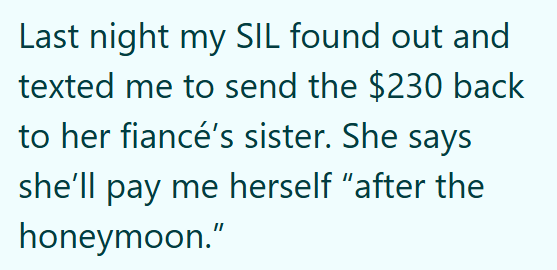 Last night my SIL found out and texted me to send the $230 back to her fiancé's sister. She says she'll pay me herself "after the honeymoon."