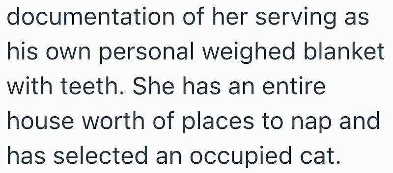 documentation of her serving as his own personal weighed blanket with teeth. She has an entire house worth of places to nap and has selected an occupied cat.
