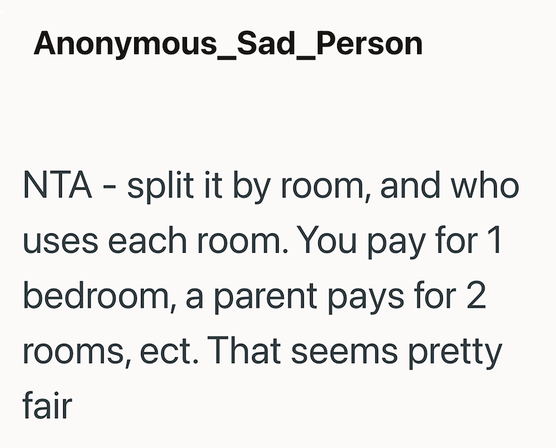 Anonymous_Sad_Person NTA - split it by room, and who uses each room. You pay for 1 bedroom, a parent pays for 2 rooms, ect. That seems pretty fair