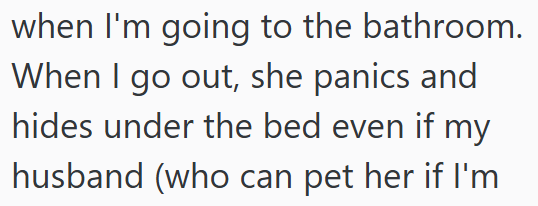 when I'm going to the bathroom. When I go out, she panics and hides under the bed even if my husband (who can pet her if I'm