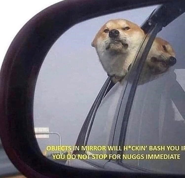 OBJECTS IN MIRROR WILL H*CKIN' BASH YOU IF YOU DO NOT STOP FOR NUGGS IMMEDIATE